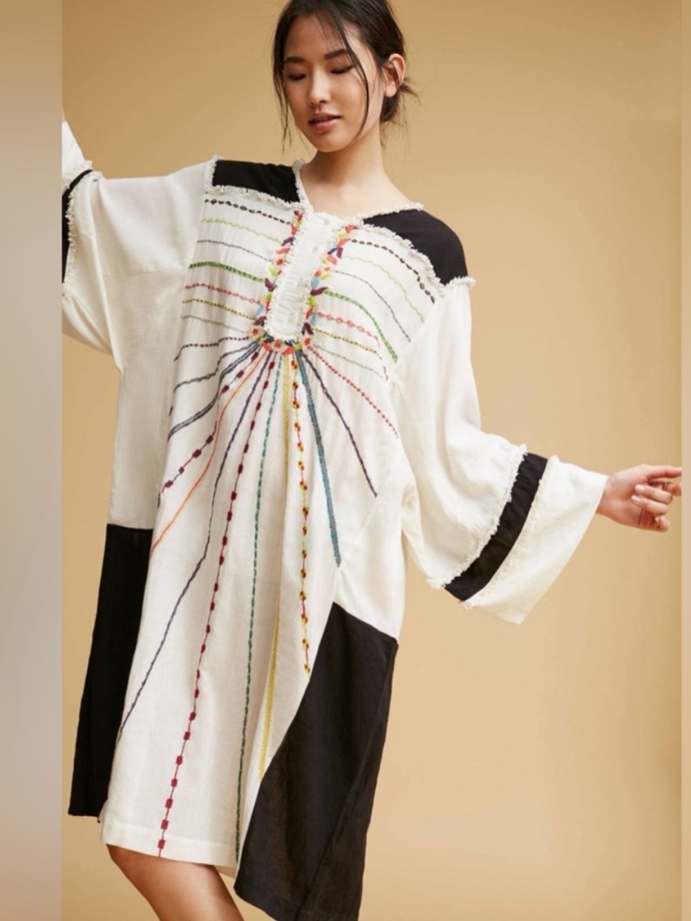 Antik Batik Cream Embroidered Kaftan Tunic Dress One Size